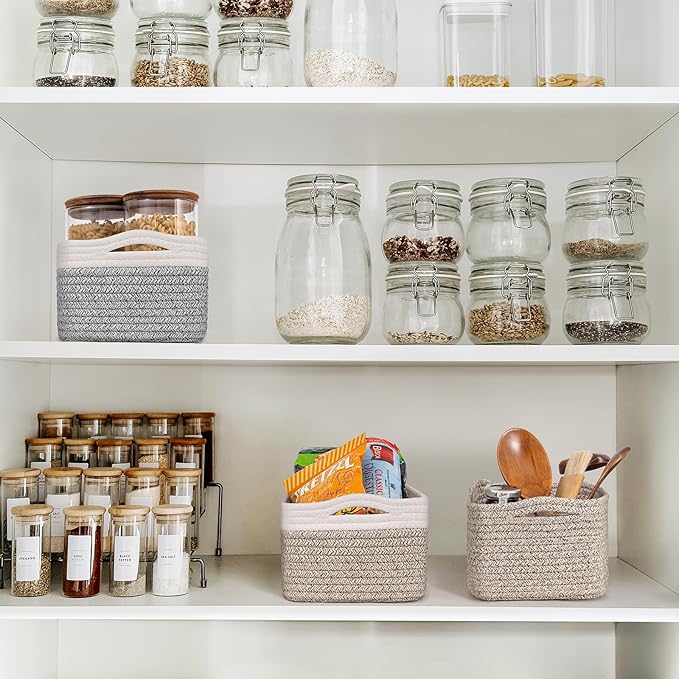 Goodpick Storage Bins, Baskets for Shelves, Cotton Rope Basket for Organization, Closet Organizer Bins, Towel Baskets for Bathroom 3 Pack, White & Light Gray, 11 x 7 x 4.5 in