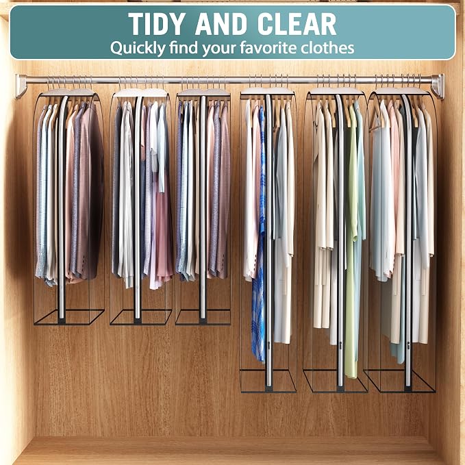 Liuoud Clear Garment Bag for Hanging Clothes 10” Gusseted, (40&50") Suit Bags for Open Closet Storage Plastic Clothes Cover for Coat, Dress, Shirts, Fur, Jacket, Wardrobe Protectors, 6 Pack
