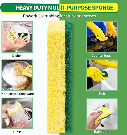 Heavy Duty Scrub Sponge 24 Pack, Eco Cellulose Kitchen Dish Sponge Multipurpose Ergonomic for Washing Dishes, Uncoated Cookware & Household Cleaning.