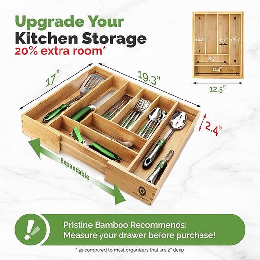 Pristine Bamboo Silverware Tray for Drawer Organizer,Kitchen Drawer Organizer,Cutlery Organizer in Drawer, Flatware Silverware Holder, Expandable Adjustable Wooden Dividers (8-slots)
