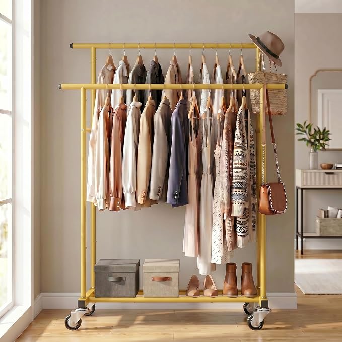 Calmootey Rolling Garment Rack with 2 Rods, Clothes Organizer for Bedroom | High-Low Rods, Two Lockable Wheels, Sturdy Metal Frame, Space-Saving, Fits Laundry, Living Room, Gold