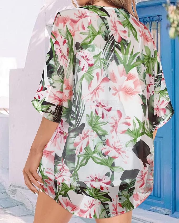 Women Kimono Cardigans Summer Cover Up Hawaiian Shirts Floral Print Tops | ROSEMIA chiffon kimono open front cardigans, beach cover ups, daily casual tops, cruise outfits, summer resort wear