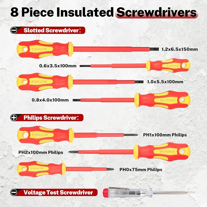 BILITOOLS 12-Piece 1000V VDE Insulated Screwdriver and Pliers Set | Magnetic Slotted and Phillips Tips, Insulated Long Nose, Combination, Diagonal and Water Pump Pliers, Voltage Tester