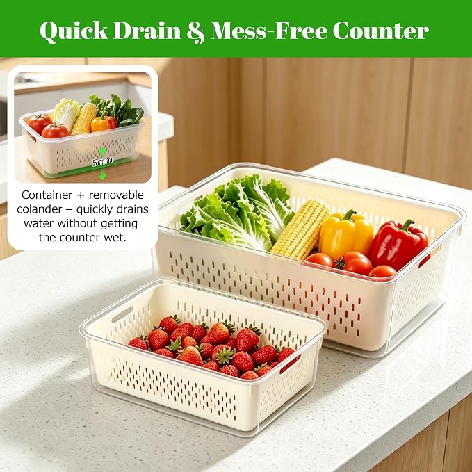KUK 5 Pack Fruit Storage Containers for Fridge, Leakproof Food Containers with Removable Colander, Berry Containers for Fridge BPA Free Produce Saver Keep Vegetables Berry Meat Fresh Longer (5)