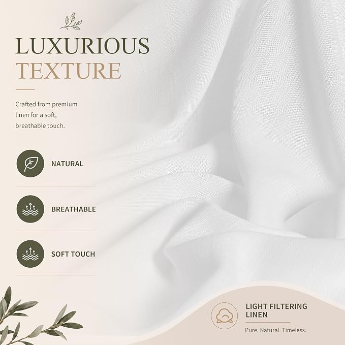 Hokibero White Linen Curtains 108 Inches Long for Living Room 2 Panels | Light Filtering Semi Sheer Curtain, Back Tab Rod Pocket Pleated Look, White Window Drapes for Bedroom Privacy, Boho Farmhouse