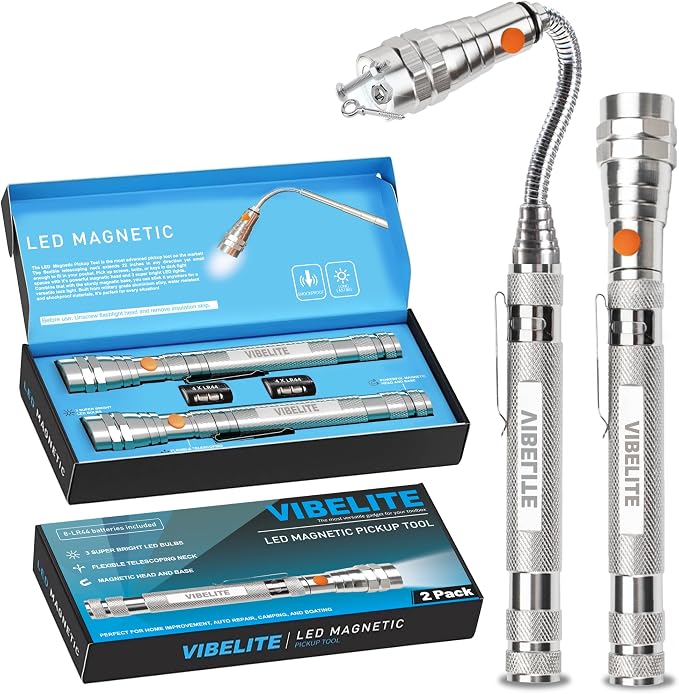 Extendable Magnetic Flashlight with Telescoping Magnet Pickup Tool, 2 Pack | Cool Gadget, Dad Gifts, Birthday Gifts for Men, Dad, Husband, Him, Father, Mechanic, Boyfriend, Women, Silver