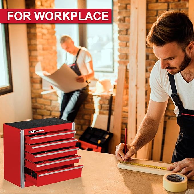 P.I.T. Mini Red Tool Box, Portable 5-Drawer Micro Roll Cab Steel Tool Box with Liner, Red Small Tool Case for Tools Storage, Home DIY
