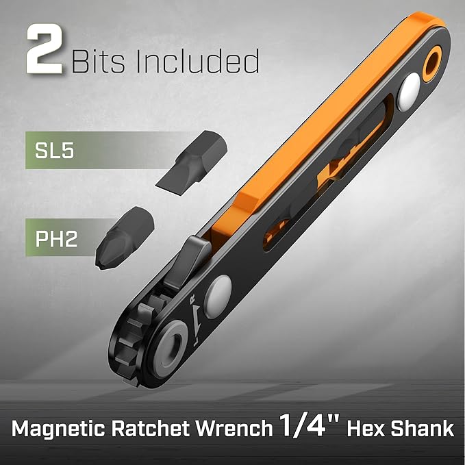 Bates- Mini Ratchet Wrench, 1/4" Magnetic 90 Degree Screwdriver, Low Profile Right Angle Screwdriver for Tight Spaces