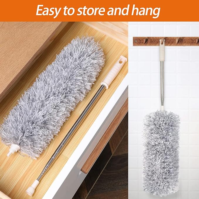 Microfiber Feather Duster, High Ceiling Fans with 30-100 Inch Pole, Gray | Bendable & Washable Head Traps Dust Without Scratching, Long Extendable Duster for Home Car Furniture Cobweb, Wet, Dry Use
