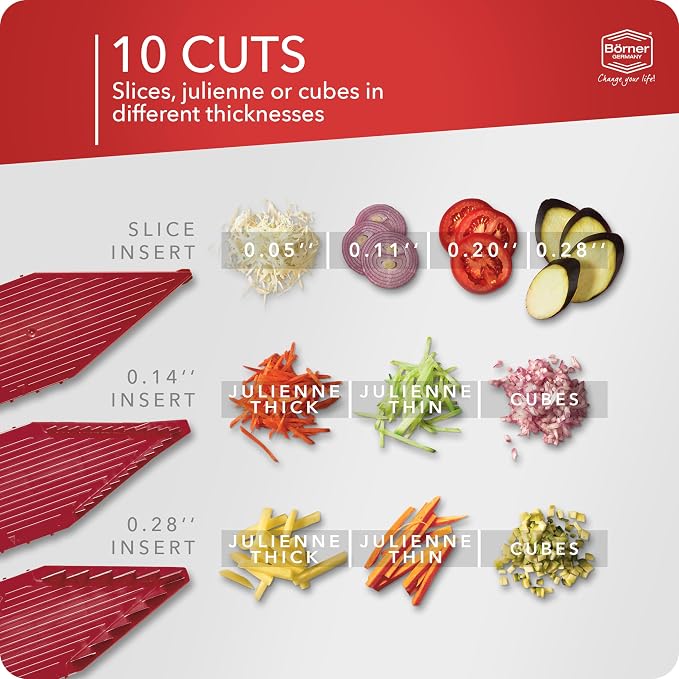 Börner Mandoline Slicer V5 (Professional Set) • Adjustable Vegetable Slicer (7-piece) • 10 Cutting Styles • Kitchen Slicer incl. Docking Station • Stainless Steel V-Blade • Color: Red