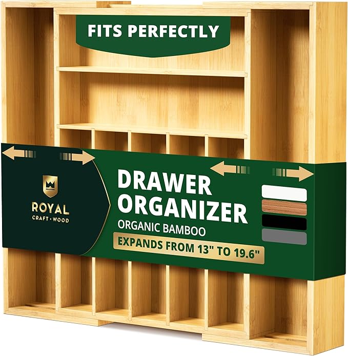 ROYAL CRAFT WOOD Luxury Bamboo Kitchen Drawer Organizer - Silverware Organizer, Utensil Holder & Cutlery Tray Drawer Dividers for Flatware (9 Slot, Natural)