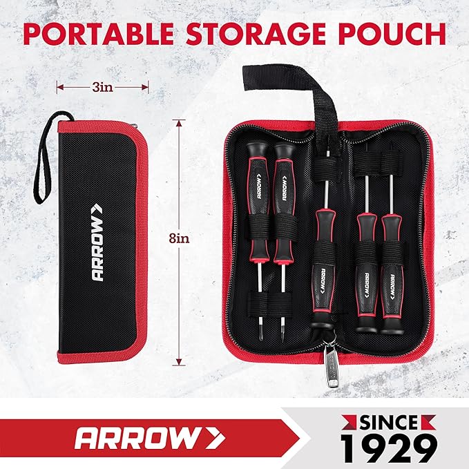 ARROW 5-Piece Precision Screwdriver Set with Pouch, Phillips, Slotted | Small Magnetic Screwdriver Set, Cr-V Steel, Non-Slip Grip, for Eyeglass, Watch, Computer, Laptop, Phone Repair