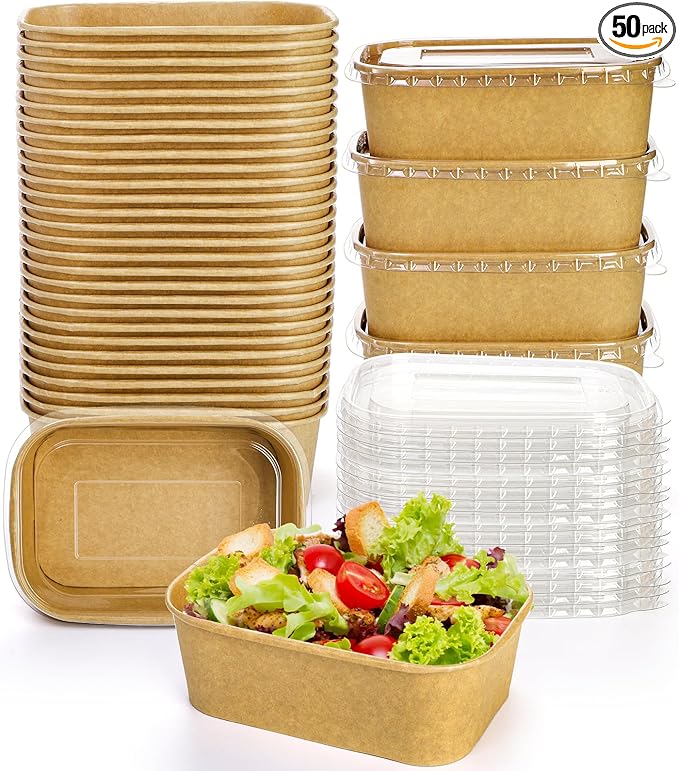 Yesland 50 Pack Compostable Rectangular Kraft Paper Bowls, 25 Oz, Microwave & Freezer Safe, Reusable, Perfect for Take-Out, Office Lunch, Picnic, 6.75 x 4.75 x 2.5 inches