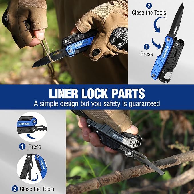 WORKPRO Multitool-11 in 1 Camping Tools with Mini Hammer | EDC Gear Multi Tools Hammer with Safety Lock and Pouch-Mini Multitools Gifts for Men and Women