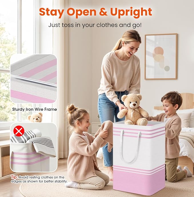 TranquilRelax 3-Pack Laundry Basket, Laundry Hamper, Pink-88L | Freestanding＆Water-Resistant Laundry Hamper, Collapsible Tall Clothes Hamper with Carry Handles for Clothes, Laundry Basket