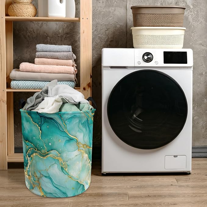 Turquoise and Gold Modern Abstract Laundry Basket with Handles, Luxury Marble Contemporary Collapsible Waterproof Laundry Hamper Clothes Storage Basket for Bedroom Bathroom Home