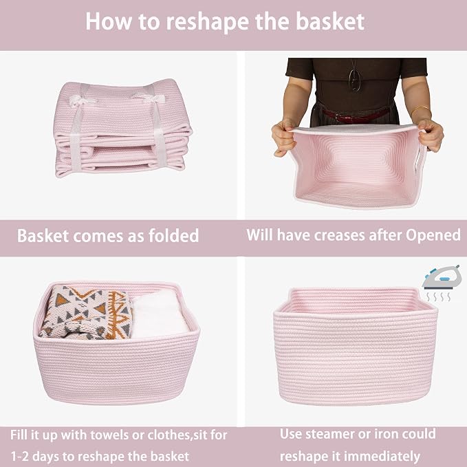 Cotton Rope storage Basket Bins Woven Basket for Organizing Shelves 15X10X9.3" Rectangle Decorative Baskets For storage Clothes Toys Books Towels Nursery basket organizer 3 pack light pink