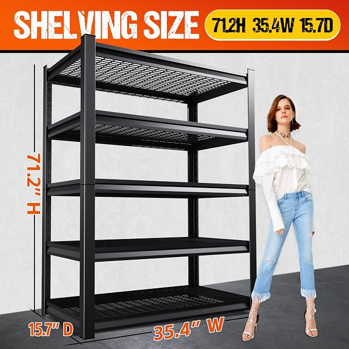 Set of 2 Garage Shelving Heavy Duty Storage Shelves, Metal Adjustable Shelving Unit, Utility Garage Organizer Shelf for Basement, Pantry, Kitchen, Warehouse, 15.7" Dx35.4 Wx71.2 H, Black
