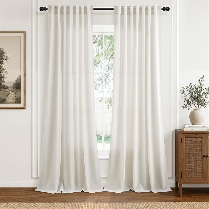 Hokibero Natural Linen Curtains 95 Inches Long for Living Room 2 Panels | Light Filtering Semi Sheer Curtain, Back Tab Rod Pocket Pleated Look, Ivory Privacy Drapes for Bedroom Window, Boho Farmhouse