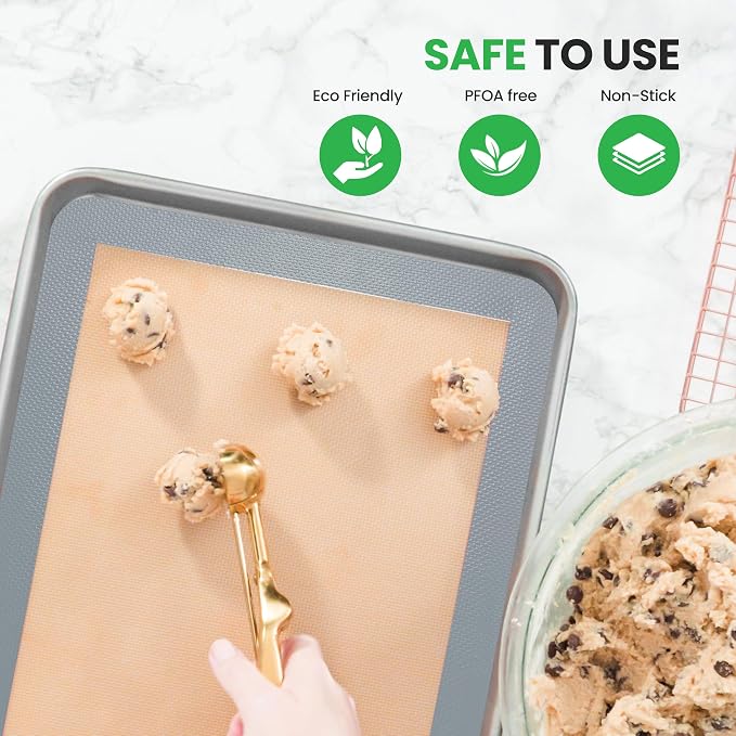 Nutrichef Silicone Baking Mats - 2 Non-stick Food-Grade Reusable Silicone Mats - Perfect for Half Baking Pans 16.5 x 11.6 IN - Oven-Safe Up to 480 Degrees F - Safe for Ovens & Dishwashers - Grey