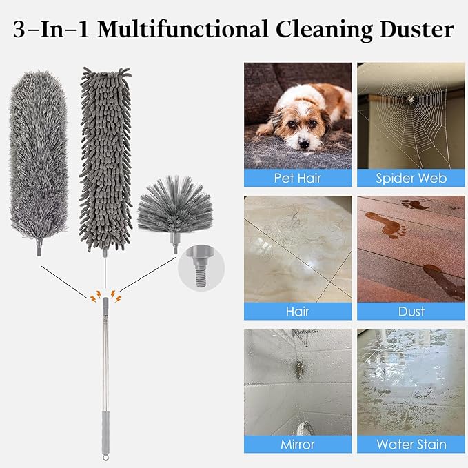 Microfiber Feather Duster 5-in-1 Kit with Extension Pole, Washable Cleaning Duster Set with 3 Duster Heads, Cobweb Duster, Corner Brush, 100'' Extendable Long Duster for High Ceilings, Fans, Furniture