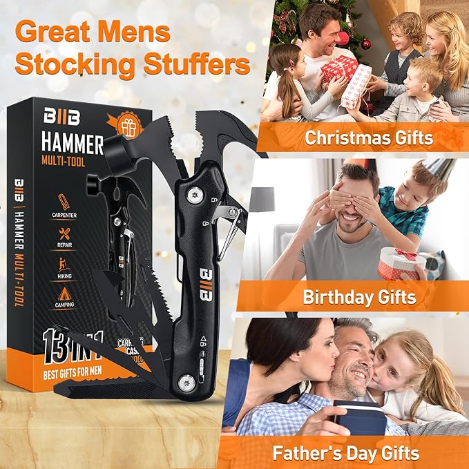 BIIB Gifts for Men, 13 in 1 Hammer Multitool, Birthday Gifts for Men Dad | Christmas Gift for Mens Stocking Stuffers for Adult, Mens Gift for Dad Him, Camping Essentials Survival Gear Tool Gadgets