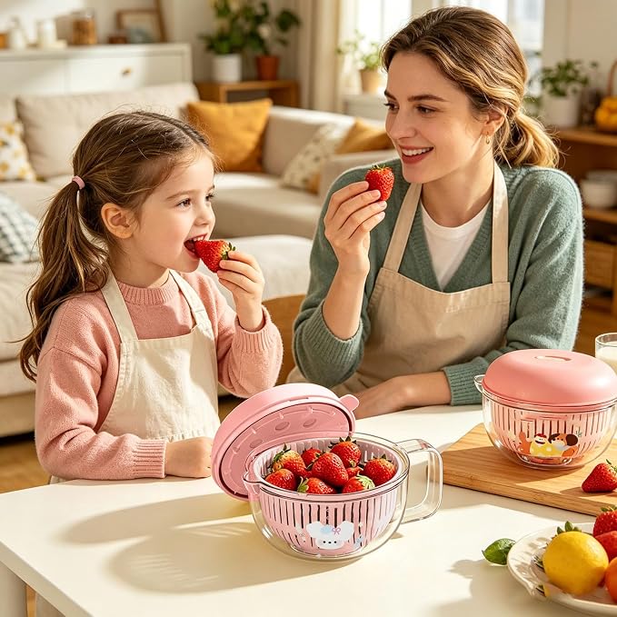 Salad Washer and Spinner with Bowl, Fruit and Vegetable Washer & Dryer, Vegetables Fruits Wash Bowl for Blueberries, Grapes & Cherry Tomatoes, Easy-Clean Kitchen Gadget for Greens (Beige)
