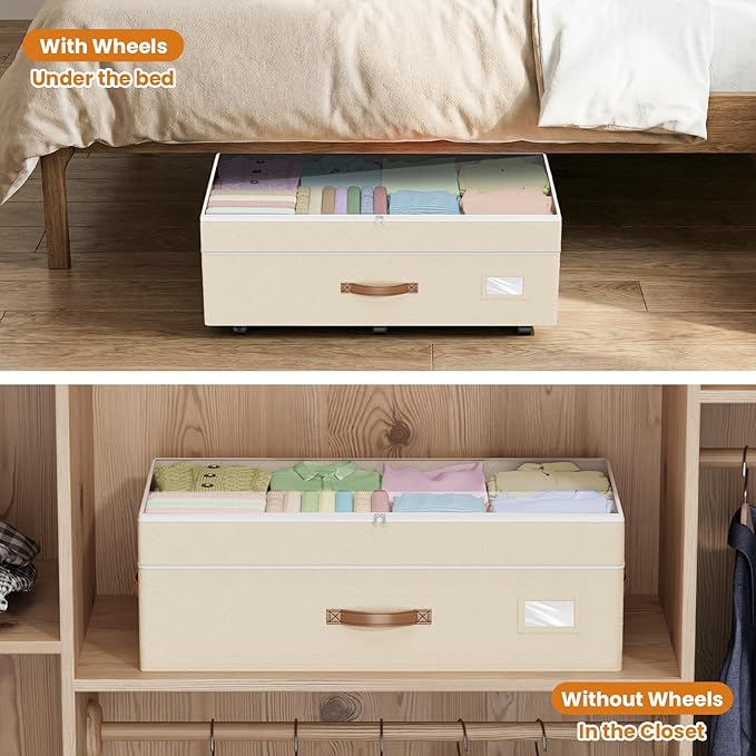 Budding Joy 80L 2 Pack Adjustable Under Bed Storage with Wheels, Beige | Underbed containers with clear lids, rolling underbed shoe storage organizer for dorm clothes, blankets, easy to install