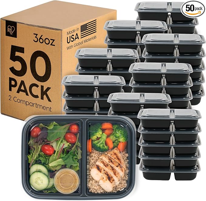 IRIS USA Meal Prep Containers, 36oz - 50 Pack (100-Piece) 2-Compartment Reusable Food Storage Containers with Lids, Plastic Kitchen Food Prep To Go Lunch Box, Microwave Freezer Dishwasher Safe, Black