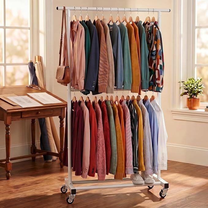 Sywhitta Double Rod Clothing Garment Rack, Rolling Clothes Organizer on Wheels for Hanging Clothes, Easy to Assemble, Adjustable, White