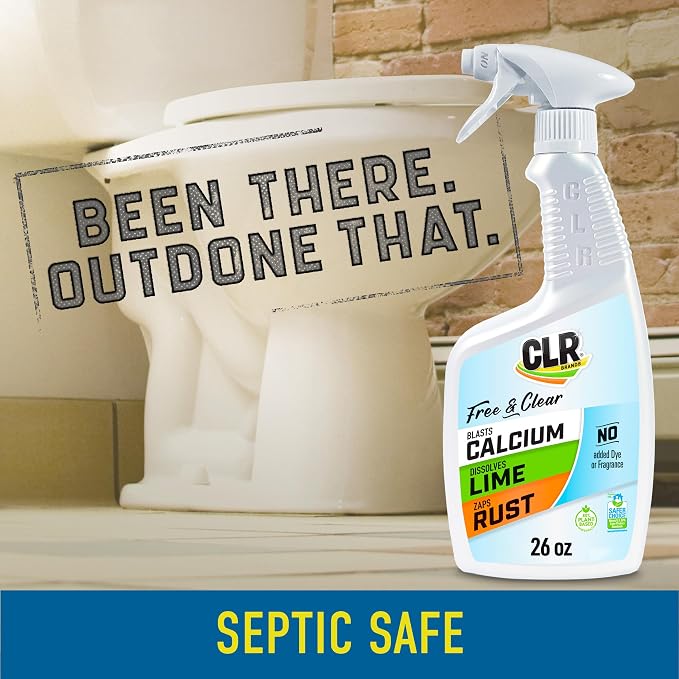 CLR Brands Lime & Rust Remover Free & Clear, 26 oz. Bottle | No Added Dyes or Fragrances, Gentle Lime and Bathroom Descaler, Removes Hard Water Stains and Rust Deposits