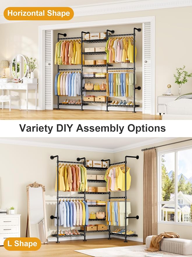 ULIFHOME M6 Clothes Rack for Wall Mounted, Heavy Duty Closet Wardrobe System with 8 Shelves and 4 Hanger Rods, 68.5" W x 11.8" D x 86.6" H Clothing Storage Organizer for Holding 1064lbs, Black