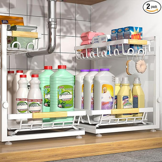 Sevenblue 2 Packs Under Sink Organizer, Height Adjustable 3 Tier Under Kitchen Sink Organizer, Multi-Purpose Storage Shelf for Kitchen Bathroom Cabinet (White, Large)