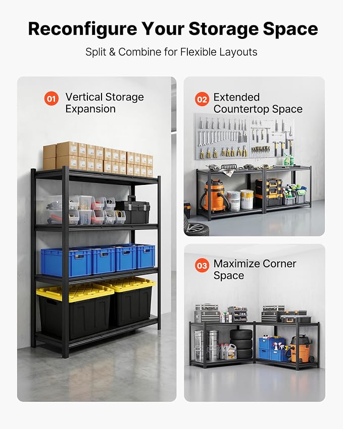 VEVOR Storage Shelves, 4-Tier Adjustable, 2400 lbs Capacity, Heavy Duty Garage Storage Shelving Unit, Metal Utility Rack Shelf, for Garage Workshop Warehouse Basement, 40.55" W x 20.55" D x 60.2" H