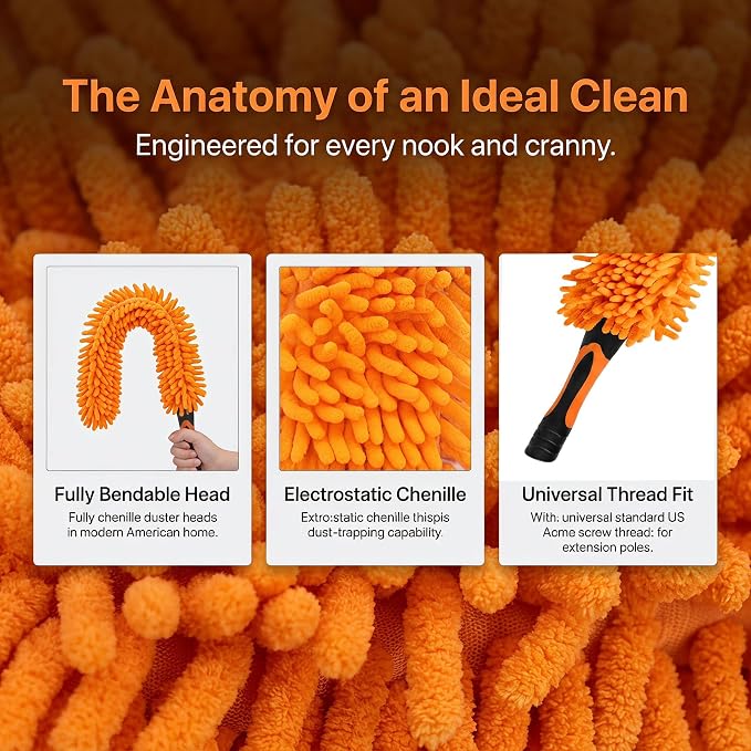 Chenille Duster with Bendable Head – Washable Ceiling Fan Duster for High Ceilings, Blinds, and Furniture – Universal Thread Fit for Easy Cleaning, Orange