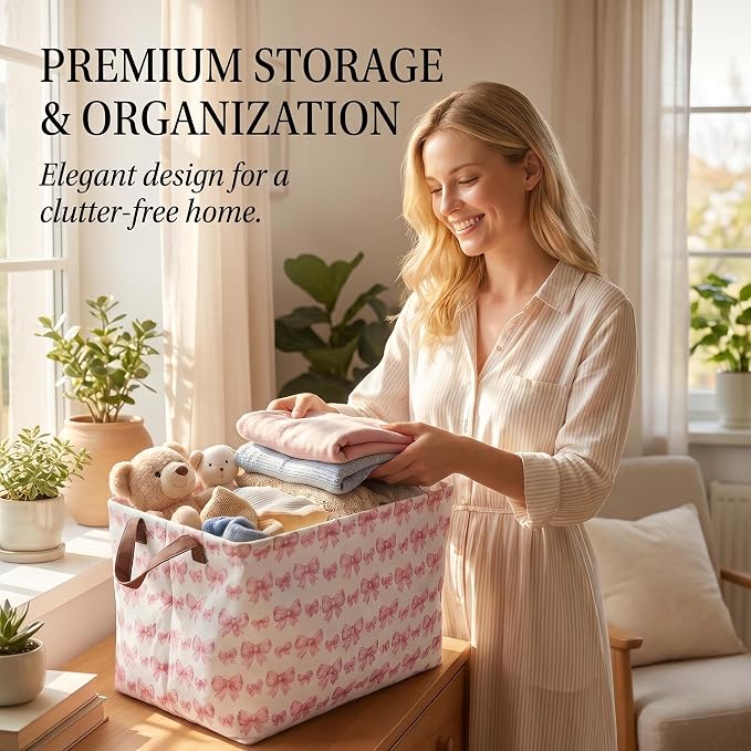 Pink Bow Storage Gift Basket: Waterproof Polyester Collapsible Storage Bin