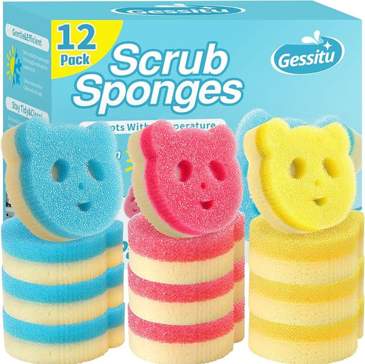 12 Pack Scrub Sponges for Dishes, Dual-Sided Temperature-Responsive Scrubber, Reusable Non-Scratch Multipurpose Cleaning Supplies for Kitchen Bathroom & Home Use