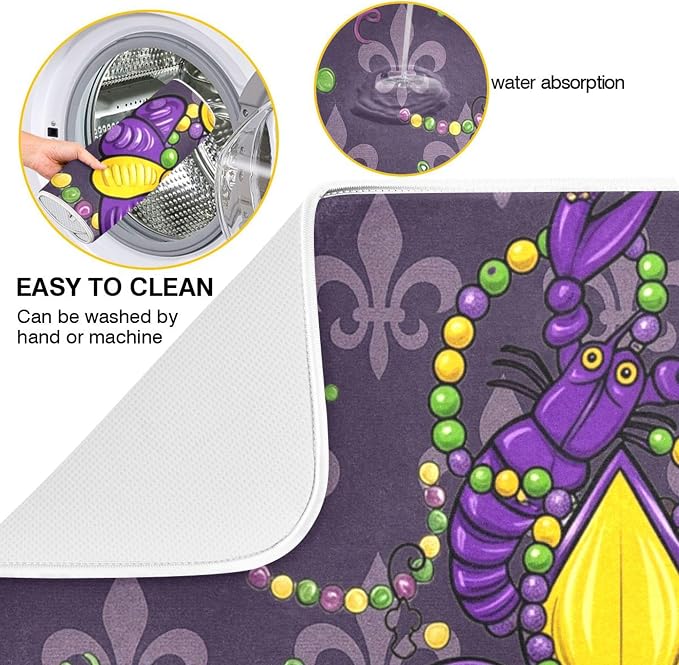 Happy Mardi Gras Purple Dish Drying Mat for Kitchen Countertop 18x24 Fleur de Lis Lobster Large Drying Mat Reusable Quick Dry Dish Sink Mats Easy Clean Decorative Essentials