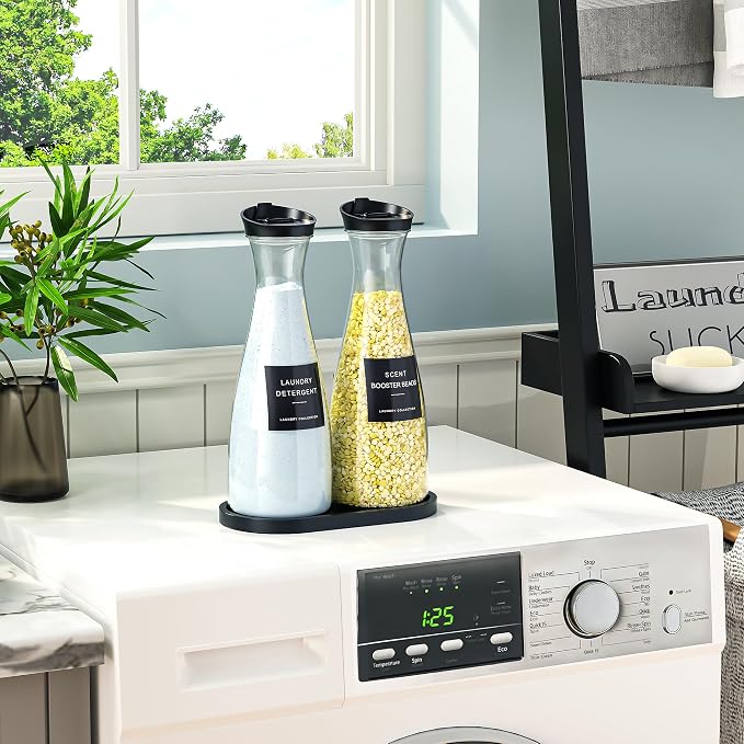 2 Pack Laundry Detergent Dispenser Container, 54OZ Laundry Soap Dispenser | with Tray, Black Laundry Room Organization for Powder, and Fabric Softener