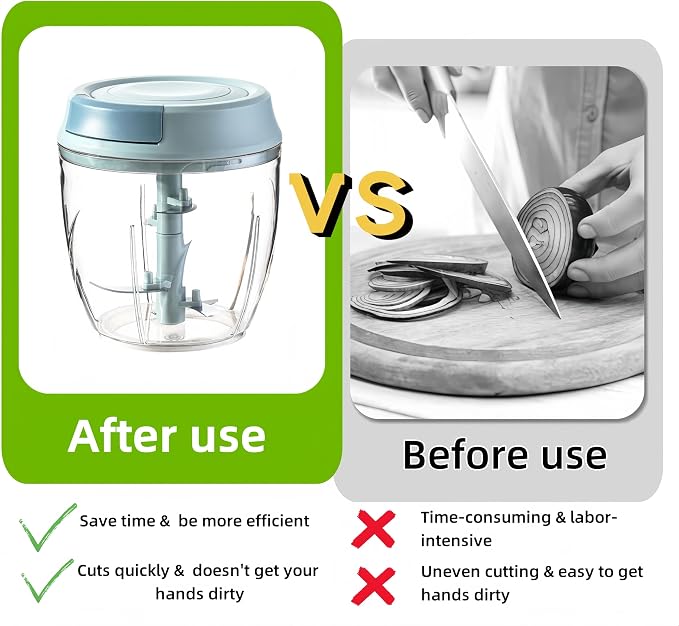 Manual Food Processor, Garlic Mincer Hand Cutter, Vegetable Chopper for Kitchen Gadgets, Hand Pull String onion chopper for Veggies, Ginger, Fruits, Nuts, Herbs, etc, 1000ML (blue)