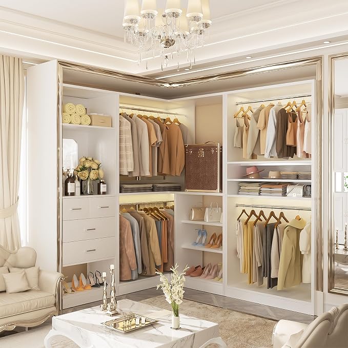 Unikito 97" Modular Closet Organizer System, Wood Wardrobe with 4 Hanging Rods, Corner Closet Unit with Mirror and Drawers, Customizable Walk-In Closet Organizer, White