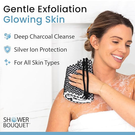 Japanese Exfoliating Washcloth for Back & Body - Charcoal & Silver Ion Exfoliating Towel with Handles - Two-Sided Gentle Exfoliation & Deep Cleansing Soft Body Wash Cloths for Shower - White