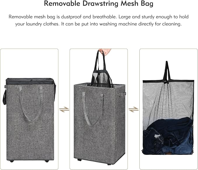 DOKEHOM 90L X-Large Rolling Laundry Basket Hamper on Wheels, Grey | Collapsible clothes hamper with removable mesh wash bag. High-capacity foldable washing bin organizer