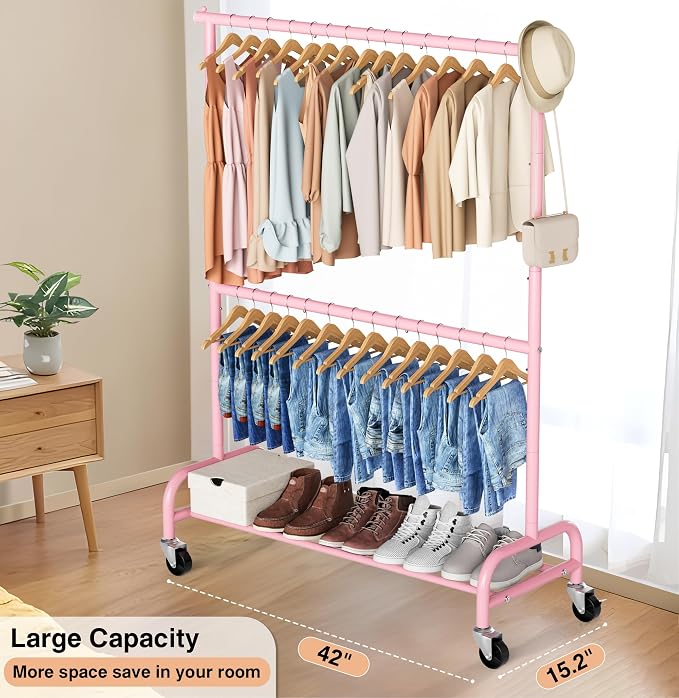 MISSLO Heavy Duty Clothing Racks for Hanging Clothes Rack Double Rod Garment Rack Rolling Closet Wardrobe Rack on Wheels, Metal, Adjustable (Pink)