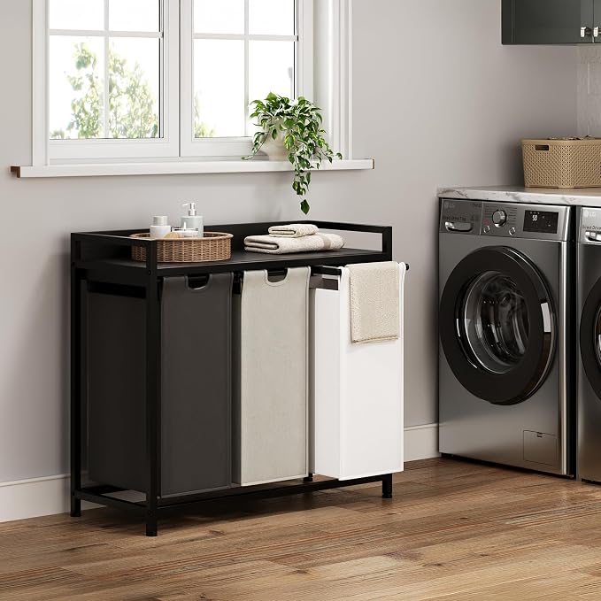 Herture Laundry Hampers with Shelf, Laundry Basket 3 Section, 3 x 15.87 Gal | Laundry Sorter with Pull-Out Removable Large 3 Color Bags and Movable Wheels, Metal Frame, Black PF04XLK