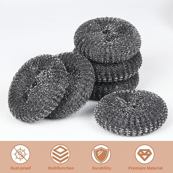 6PCS Steel Wool Scrubber Wire Sponge Set, Barbecue Grill Cleaning Scrubber Pads, Stainless Steel Scrubber Replacement for Scouring Messes from Cast Iron, Pots, Pans, Grill, Stoves, Sink (6 Pads)