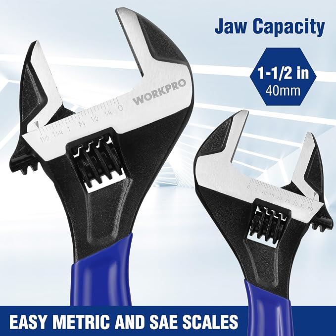 WORKPRO 12-Inch Adjustable Wrench, Wide Jaw Cr-V steel Wrench | Black Oxide Finish, Metric & SAE Scales,Ideal for Home Repairs, Garage, Workshop and DIY Applications