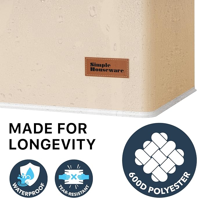 Simple Houseware Foldable Laundry Hamper Basket with Lid and Bag, Beige | Heavy Duty 600D Polyester, Water-Resistant Surface