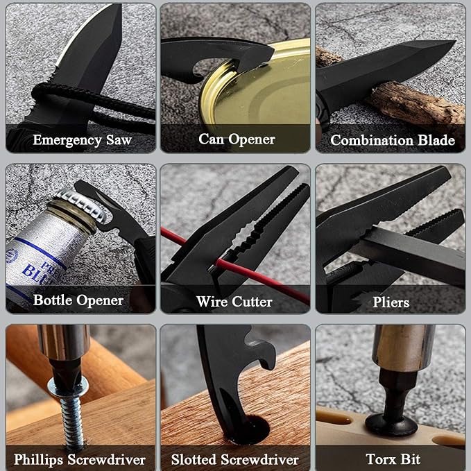 15-in-1 Pocket Multitool Knife - Folding Knife with Pliers, Bottle & Can Opener, Phillips Screwdriver + 9 Bits, Nylon Sheath - EDC Multi Tool for Camping, Hiking & DIY - Gifts for Men & Dad