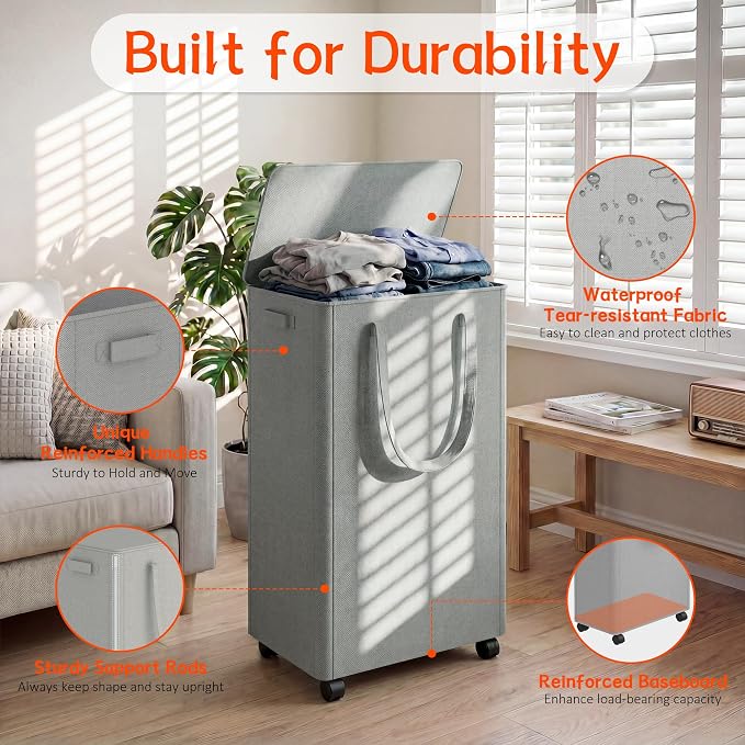 Slim Laundry Hamper with Wheels,20 Gal (75L) Rolling Laundry Basket with lid and wheels Clothes Hamper Foldable Tall Dirty Clothes Basket Sturdy Collapsible Clothes Hamper for Dorm,Laundry Room